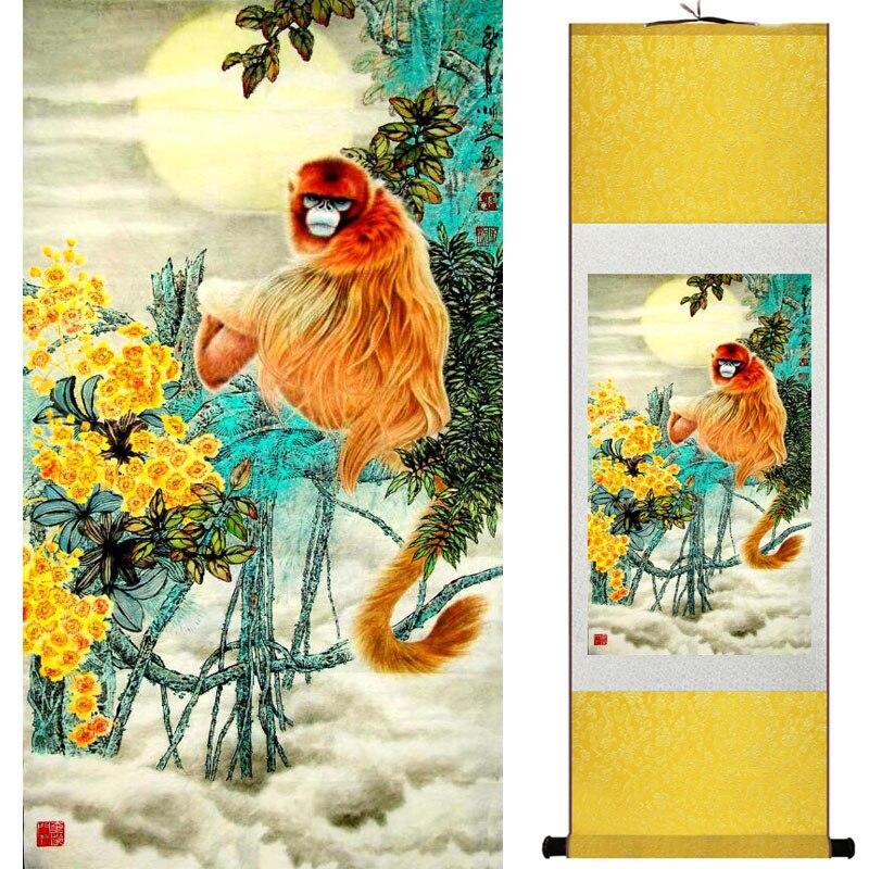 Chinese Art Scroll Painting Monkey Ancient Silk Picture Wall Ideas 18370-Chinese Style Finds™