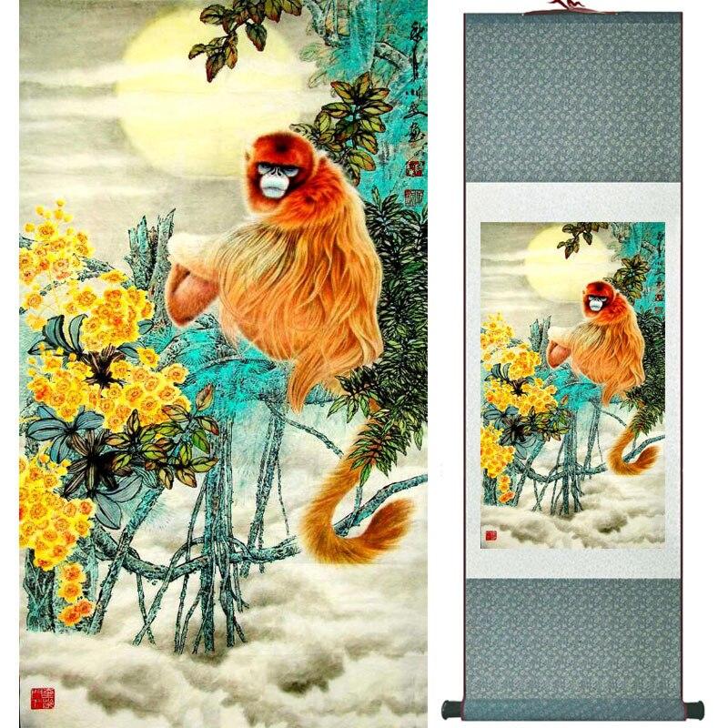 Chinese Art Scroll Painting Monkey Ancient Silk Picture Wall Ideas 18370-Chinese Style Finds™