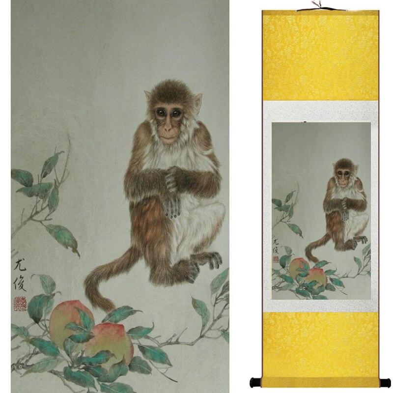 Chinese Art Scroll Painting Monkey Ancient Silk Picture Wall Ideas 19842-Chinese Style Finds™