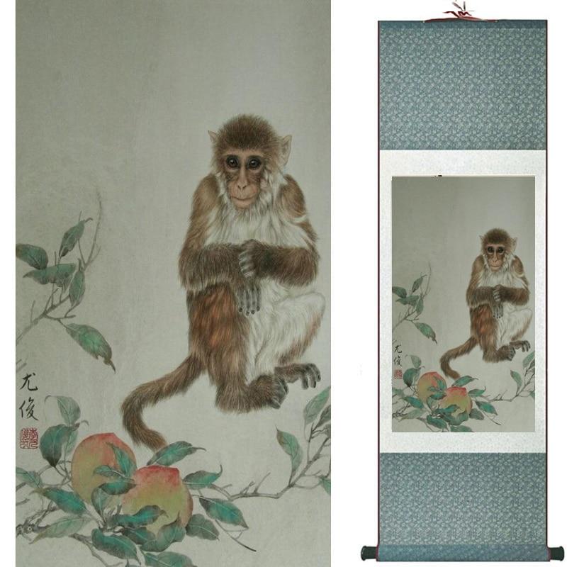 Chinese Art Scroll Painting Monkey Ancient Silk Picture Wall Ideas 19842-Chinese Style Finds™