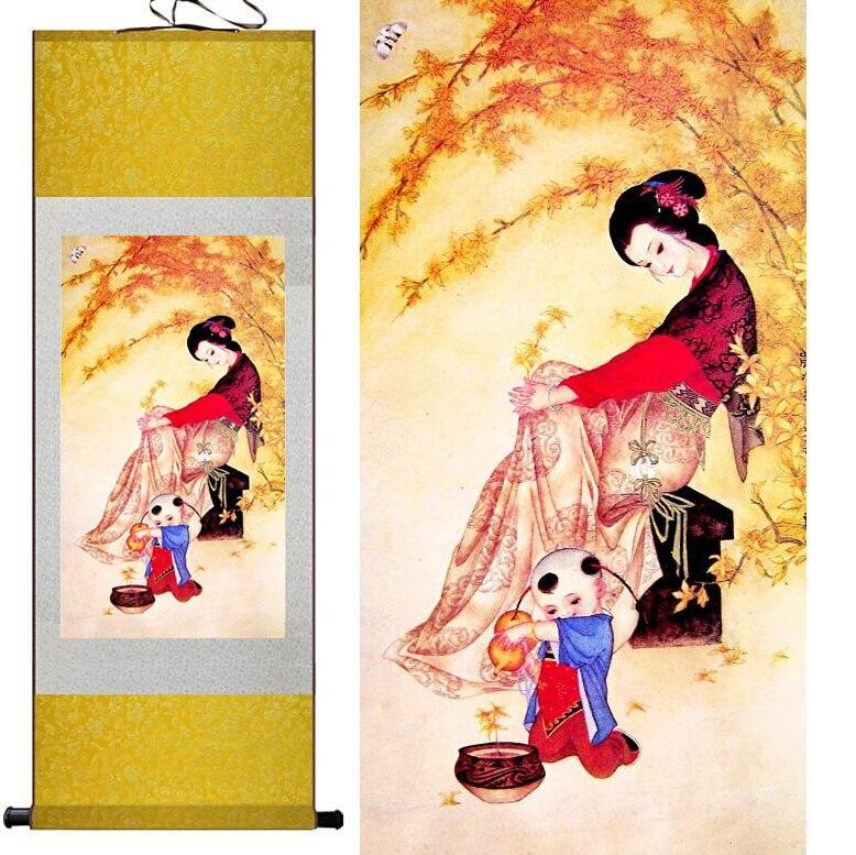 Chinese Art Scroll Painting Mother And Kid Son Ancient Silk Picture Wall Ideas 12482-Chinese Style Finds™