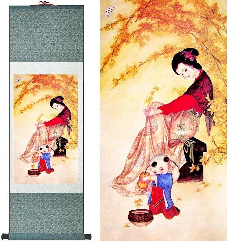 Chinese Art Scroll Painting Mother And Kid Son Ancient Silk Picture Wall Ideas 12482-Chinese Style Finds™