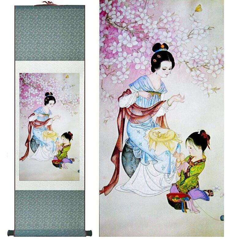 Chinese Art Scroll Painting Mother And Son Figure Ancient Silk Picture Wall Ideas 11178-Chinese Style Finds™