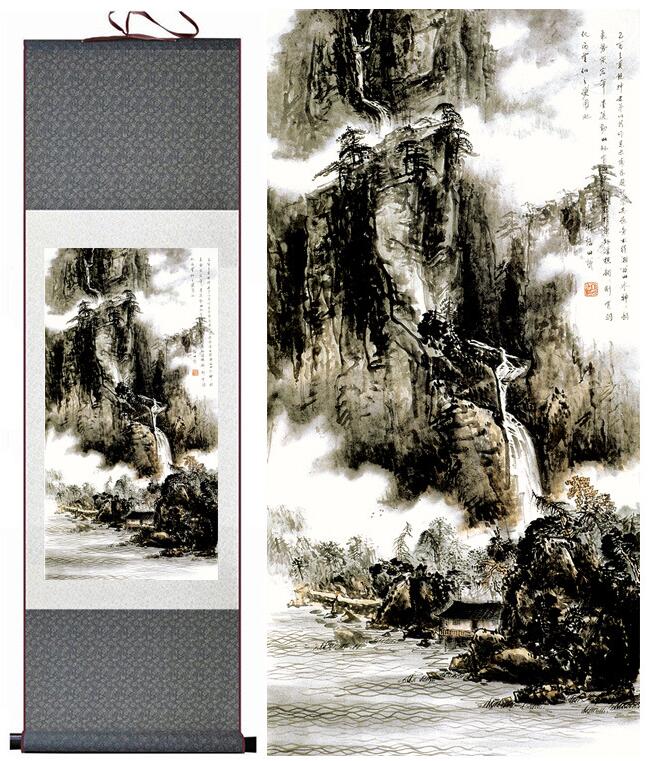 Chinese Art Scroll Painting Mountain And River Ancient Silk Picture Wall Ideas 13358-Chinese Style Finds™