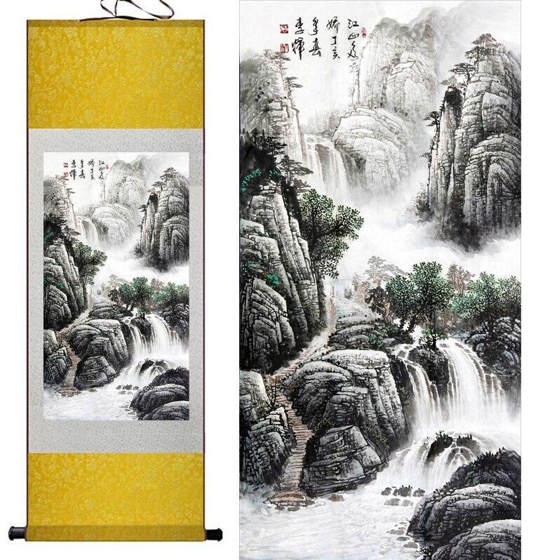 Chinese Art Scroll Painting Mountain And River Landscape Ancient Silk Picture Wall Ideas 11158-Chinese Style Finds™