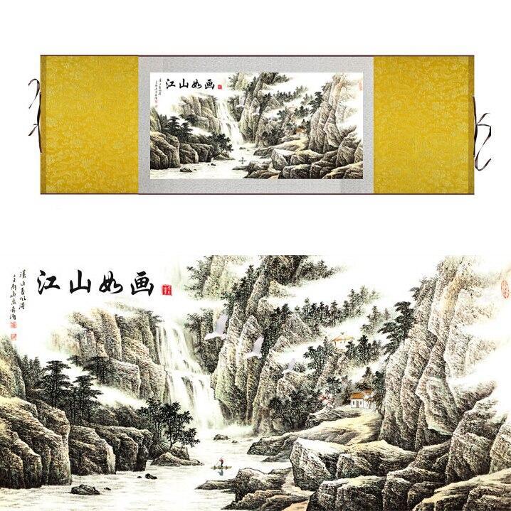 Chinese Art Scroll Painting Mountain And River Landscape Ancient Silk Picture Wall Ideas 11630-Chinese Style Finds™