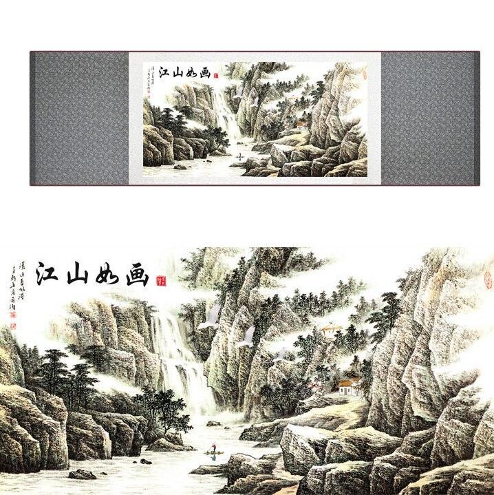 Chinese Art Scroll Painting Mountain And River Landscape Ancient Silk Picture Wall Ideas 11630-Chinese Style Finds™