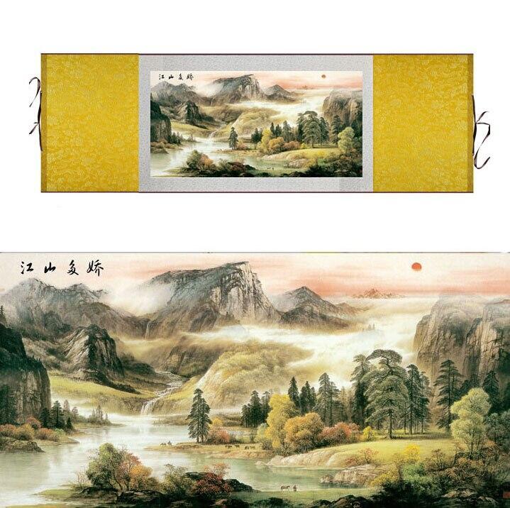 Chinese Art Scroll Painting Mountain And River Landscape Ancient Silk Picture Wall Ideas 11698-Chinese Style Finds™