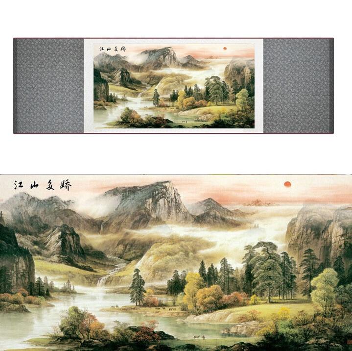 Chinese Art Scroll Painting Mountain And River Landscape Ancient Silk Picture Wall Ideas 11698-Chinese Style Finds™