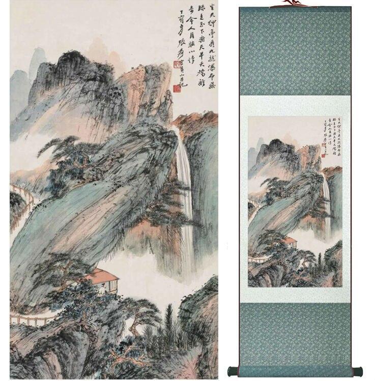 Chinese Art Scroll Painting Mountain And River Landscape Ancient Silk Picture Wall Ideas 14334-Chinese Style Finds™