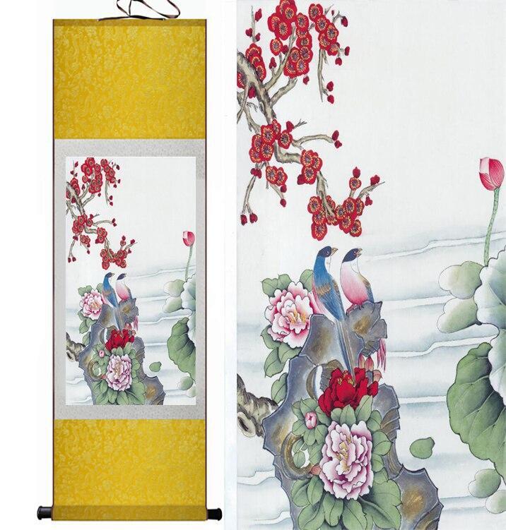 Chinese Art Scroll Painting Mudan And Animal Birds Flower Ancient Silk Picture Wall Ideas 12246-Chinese Style Finds™