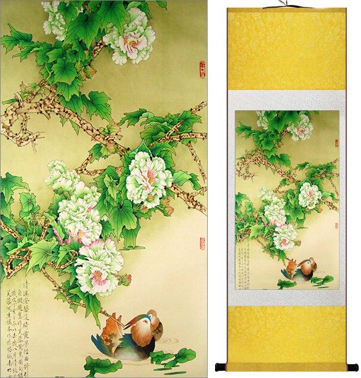 Chinese Art Scroll Painting Mudan Peony Ancient Silk Picture Wall Ideas 11550-Chinese Style Finds™