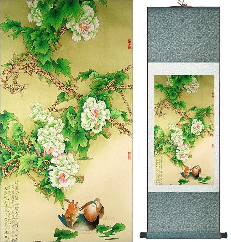 Chinese Art Scroll Painting Mudan Peony Ancient Silk Picture Wall Ideas 11550-Chinese Style Finds™