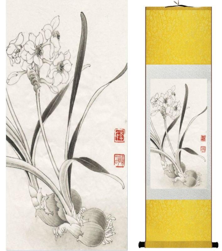 Chinese Art Scroll Painting Narcissus Ancient Silk Picture Wall Ideas 13834-Chinese Style Finds™