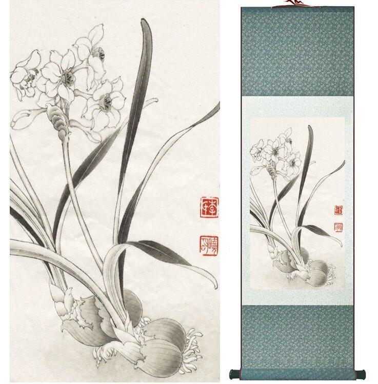 Chinese Art Scroll Painting Narcissus Ancient Silk Picture Wall Ideas 13834-Chinese Style Finds™