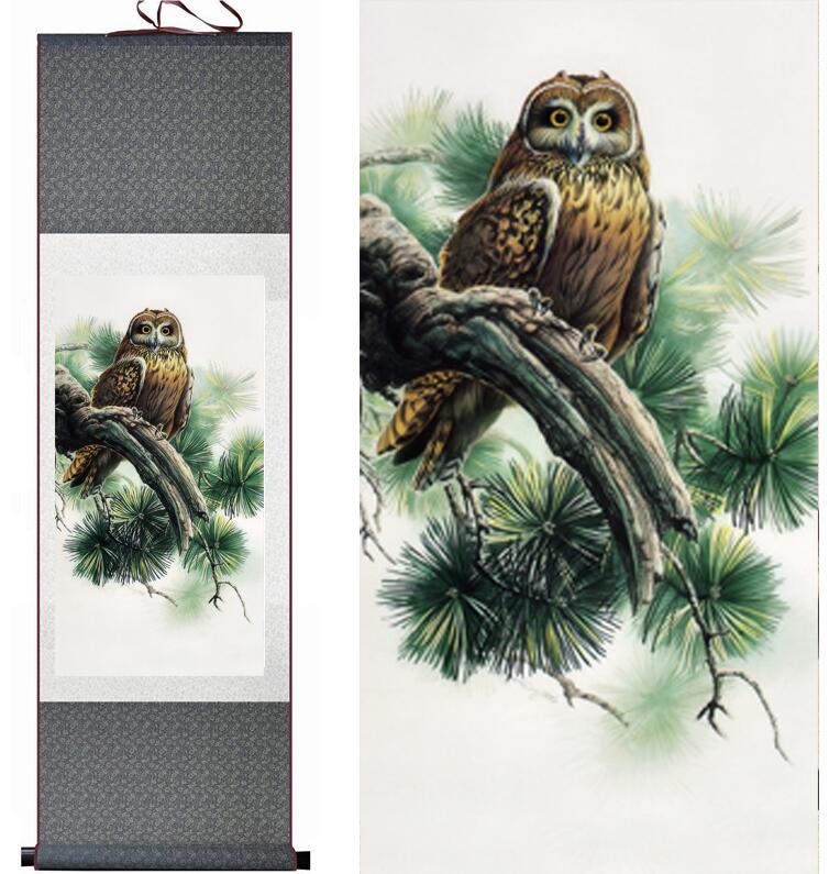 Chinese Art Scroll Painting Owl Ancient Silk Picture Wall Ideas 13578-Chinese Style Finds™