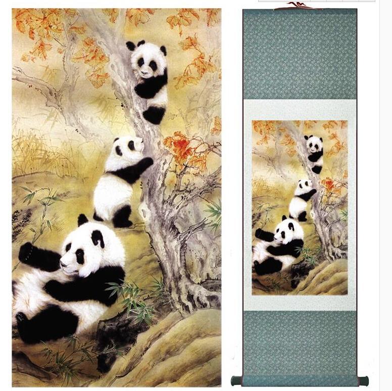 Chinese Art Scroll Painting Pandas Family Ancient Silk Picture Wall Ideas 10192-Chinese Style Finds™