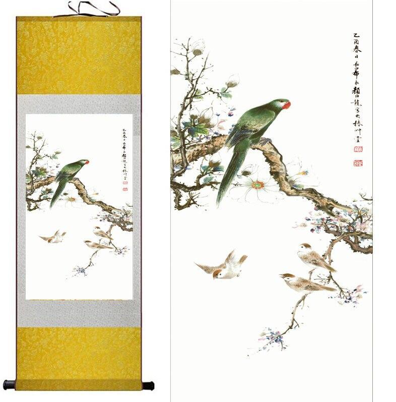 Chinese Art Scroll Painting Parrot Animal Birds On Tree Ancient Silk Picture Wall Ideas 10880-Chinese Style Finds™