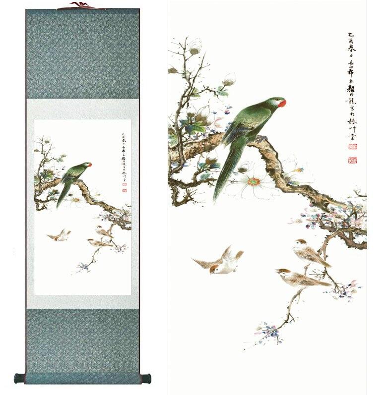 Chinese Art Scroll Painting Parrot Animal Birds On Tree Ancient Silk Picture Wall Ideas 10880-Chinese Style Finds™