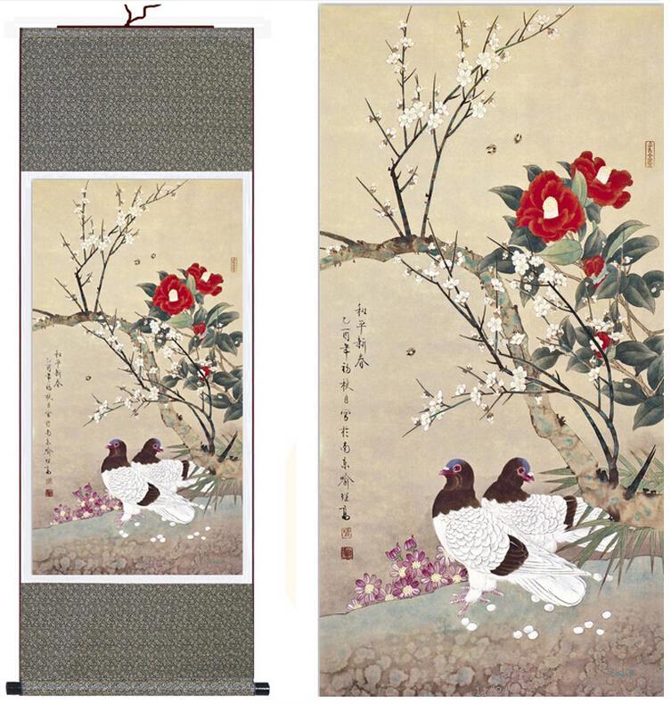 Chinese Art Scroll Painting Peace Dove On Flower Tree Ancient Silk Picture Wall Ideas 10294-Chinese Style Finds™