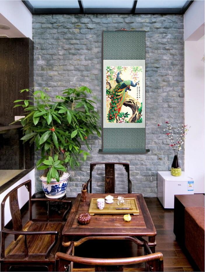 Chinese Art Scroll Painting Peacock Ancient Silk Picture Wall Ideas 10688-Chinese Style Finds™