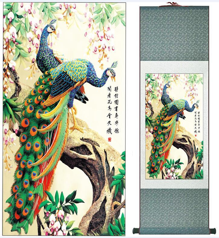 Chinese Art Scroll Painting Peacock Ancient Silk Picture Wall Ideas 10688-Chinese Style Finds™