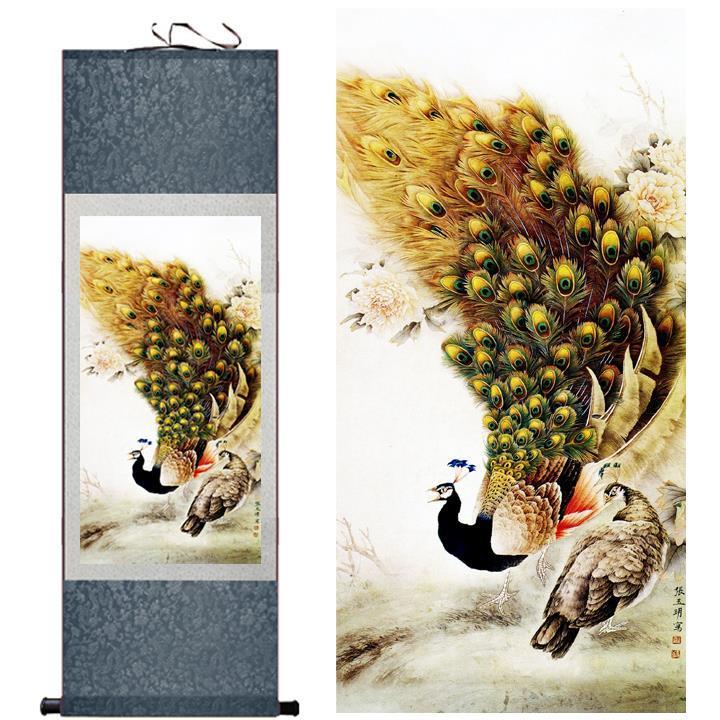 Chinese Art Scroll Painting Peacock Ancient Silk Picture Wall Ideas 11118-Chinese Style Finds™