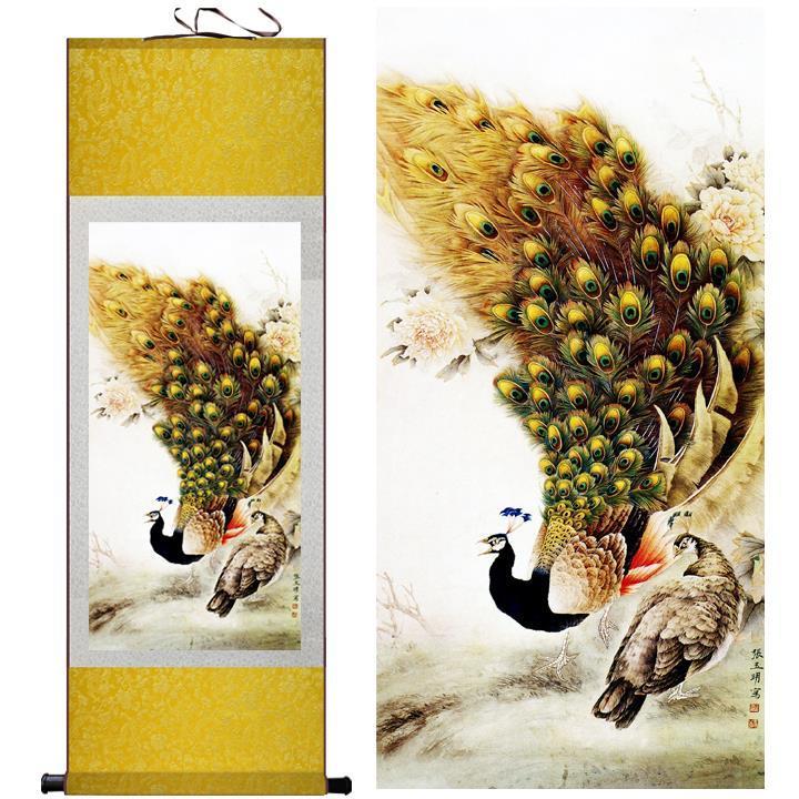 Chinese Art Scroll Painting Peacock Ancient Silk Picture Wall Ideas 11118-Chinese Style Finds™