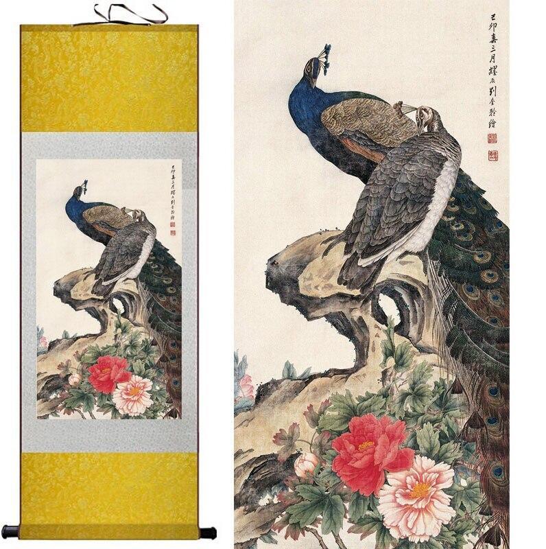 Chinese Art Scroll Painting Peacock Animal Birds And Flower Ancient Silk Picture Wall Ideas 10892-Chinese Style Finds™