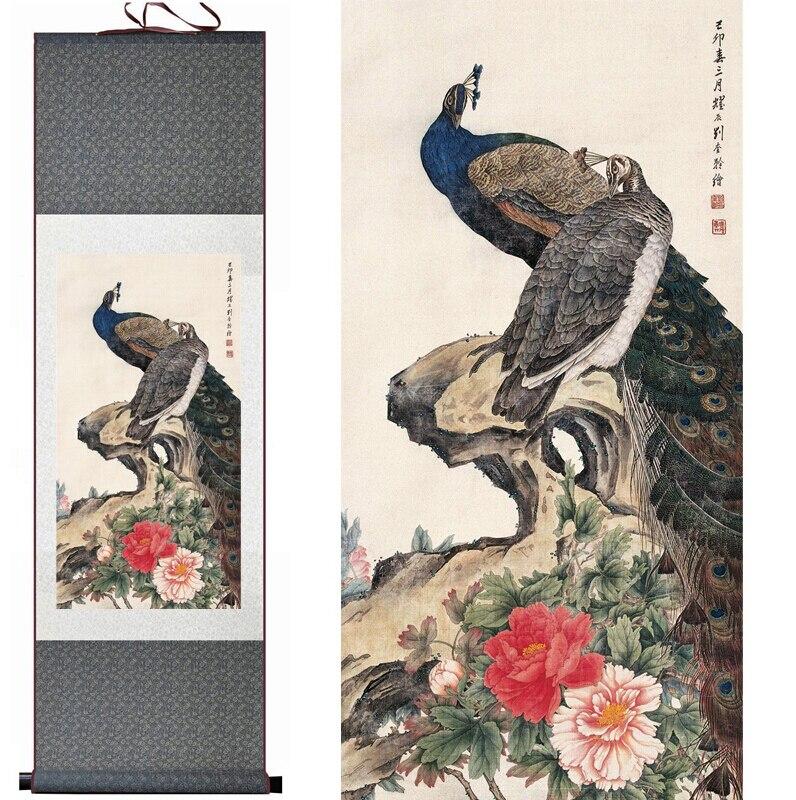 Chinese Art Scroll Painting Peacock Animal Birds And Flower Ancient Silk Picture Wall Ideas 10892-Chinese Style Finds™