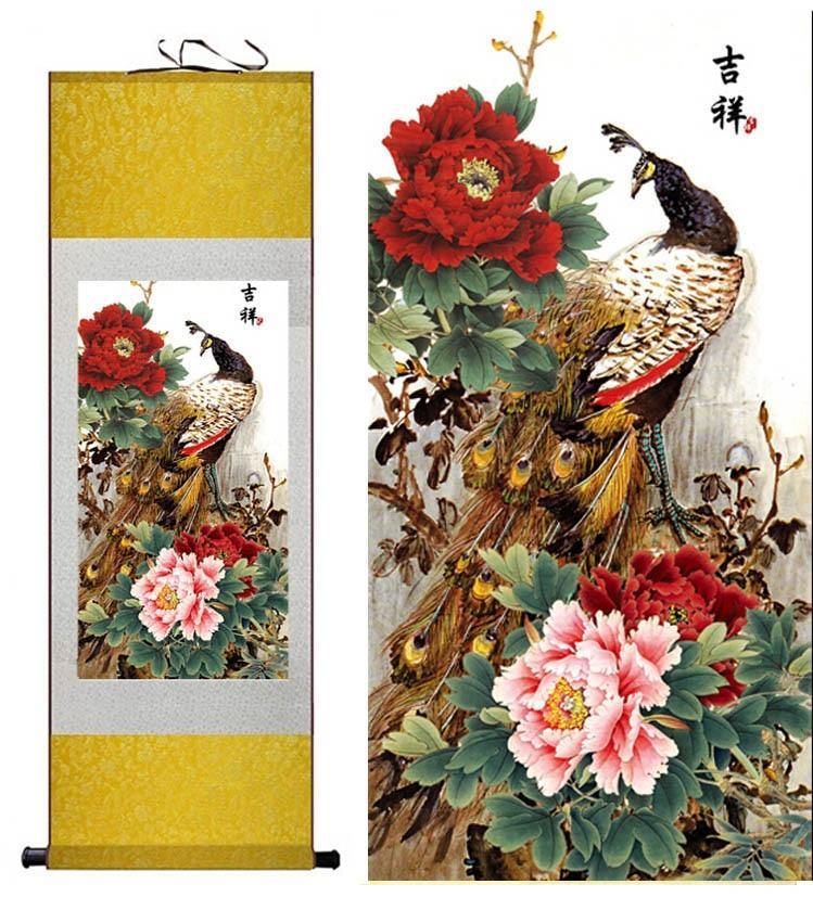 Chinese Art Scroll Painting Peacock Flower Ancient Silk Picture Wall Ideas 10418-Chinese Style Finds™