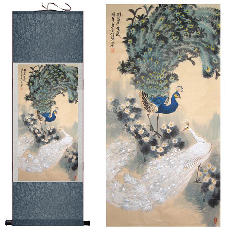 Chinese Art Scroll Painting Peacock Peahen Ancient Silk Picture Wall Ideas 11048-Chinese Style Finds™