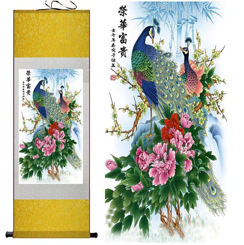 Chinese Art Scroll Painting Peacock With Flowers Ancient Silk Picture Wall Ideas 10530-Chinese Style Finds™