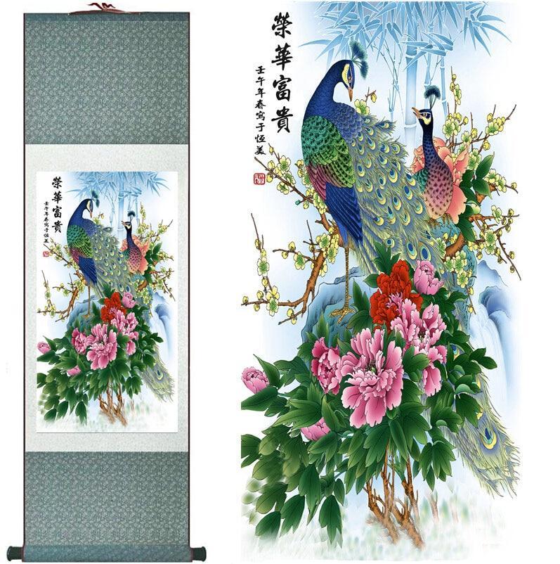 Chinese Art Scroll Painting Peacock With Flowers Ancient Silk Picture Wall Ideas 10530-Chinese Style Finds™