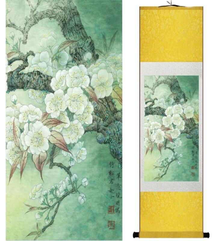 Chinese Art Scroll Painting Pear Flower Ancient Silk Picture Wall Ideas 13830-Chinese Style Finds™