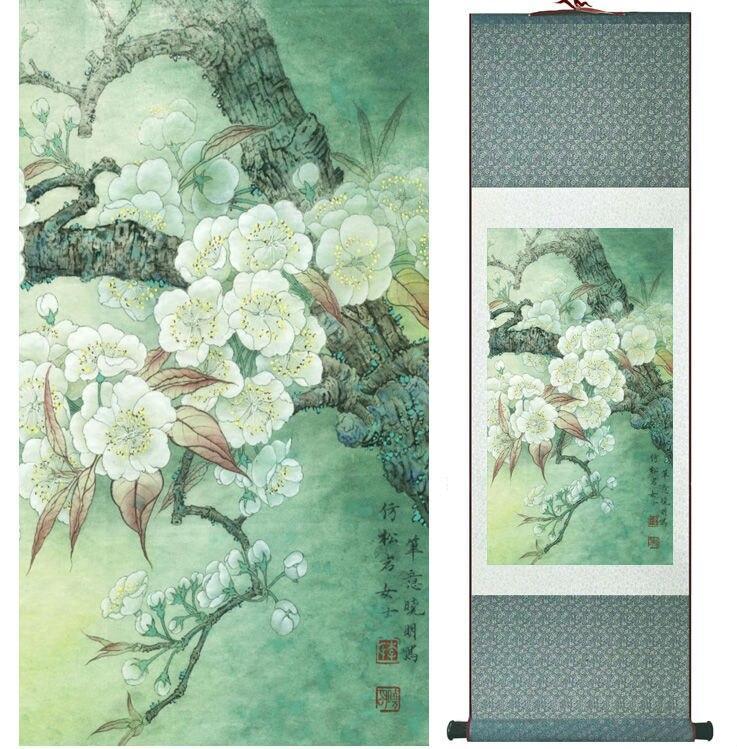 Chinese Art Scroll Painting Pear Flower Ancient Silk Picture Wall Ideas 13830-Chinese Style Finds™