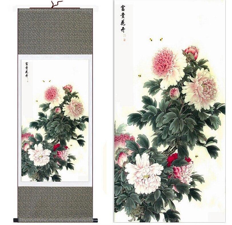 Chinese Art Scroll Painting Peony Ancient Silk Picture Wall Ideas 10298-Chinese Style Finds™