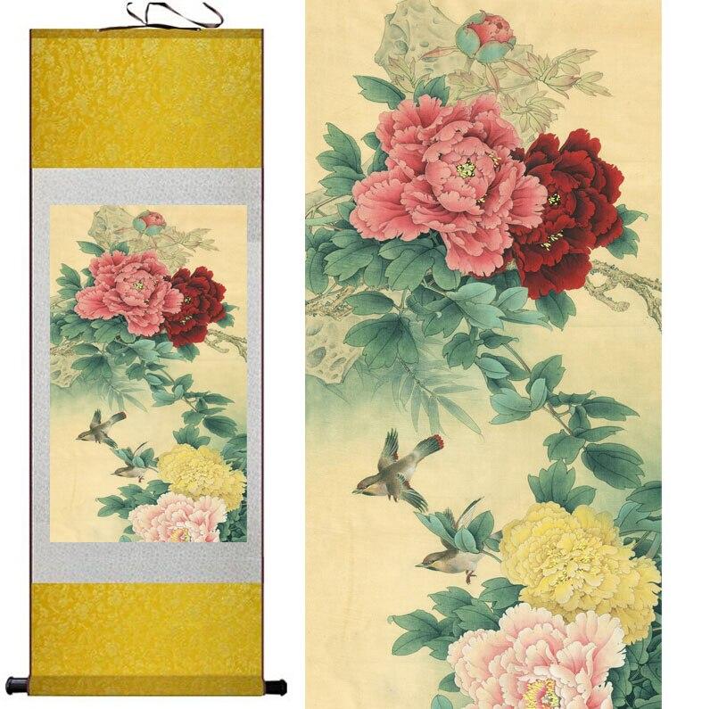Chinese Art Scroll Painting Peony Animal Birds Ancient Silk Picture Wall Ideas 10884-Chinese Style Finds™