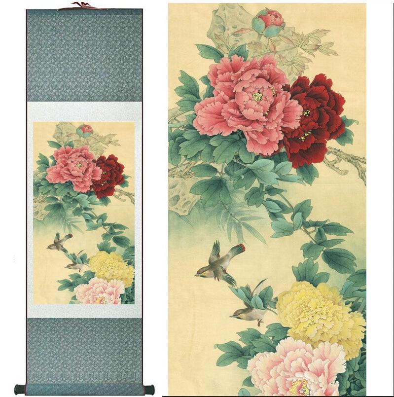 Chinese Art Scroll Painting Peony Animal Birds Ancient Silk Picture Wall Ideas 10884-Chinese Style Finds™