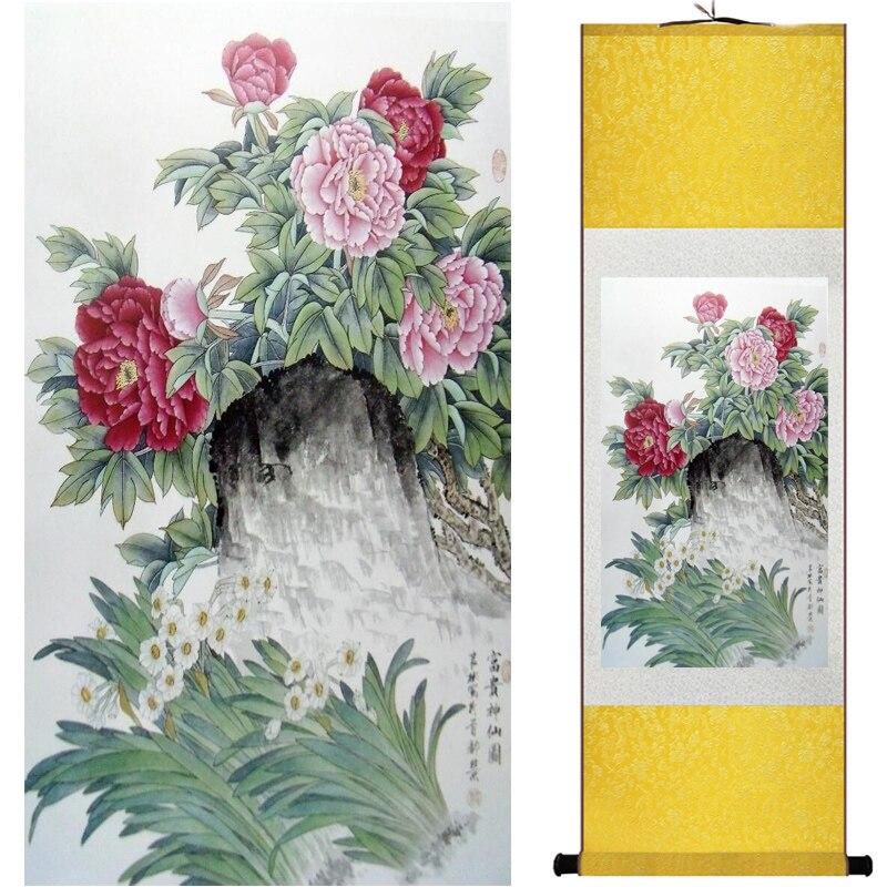 Chinese Art Scroll Painting Peony Animal Birds Ancient Silk Picture Wall Ideas 15736-Chinese Style Finds™