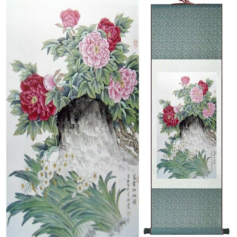 Chinese Art Scroll Painting Peony Animal Birds Ancient Silk Picture Wall Ideas 15736-Chinese Style Finds™