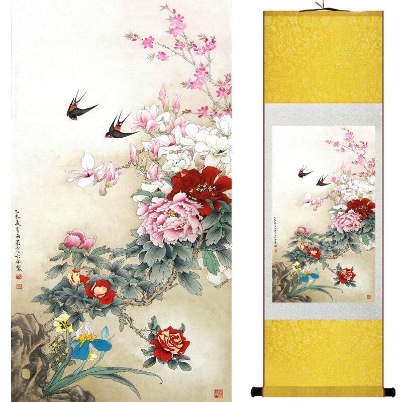 Chinese Art Scroll Painting Peony Animal Birds Ancient Silk Picture Wall Ideas 15740-Chinese Style Finds™