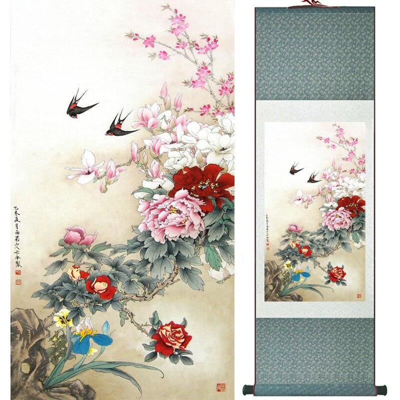 Chinese Art Scroll Painting Peony Animal Birds Ancient Silk Picture Wall Ideas 15740-Chinese Style Finds™