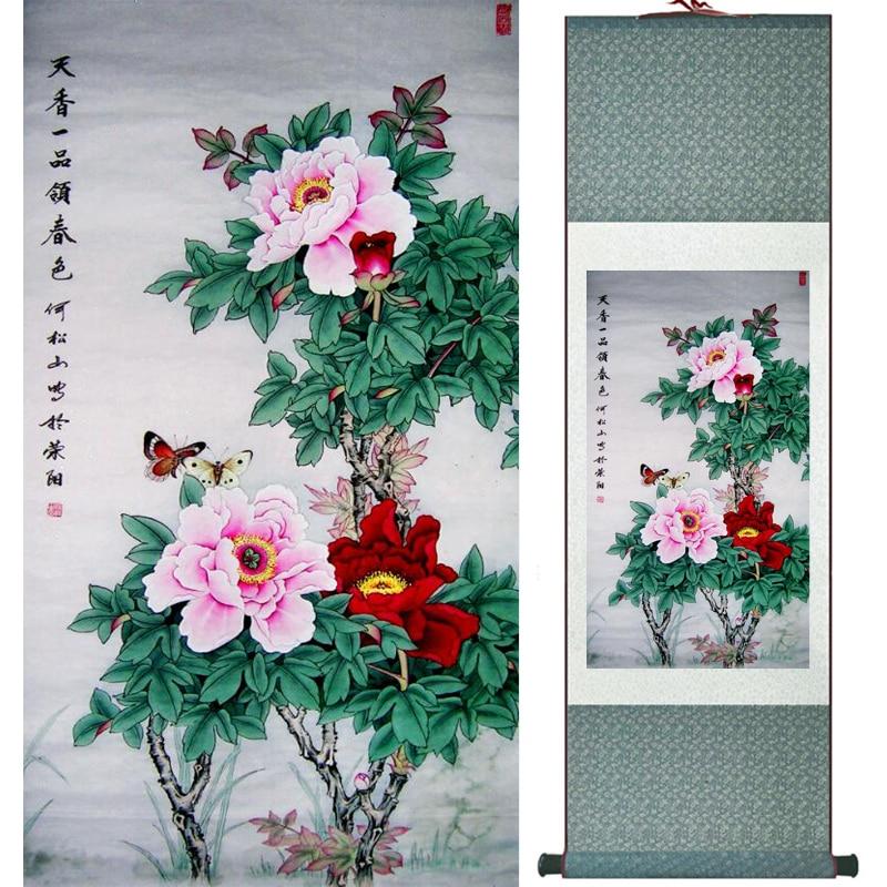 Chinese Art Scroll Painting Peony Animal Birds Ancient Silk Picture Wall Ideas 15828-Chinese Style Finds™