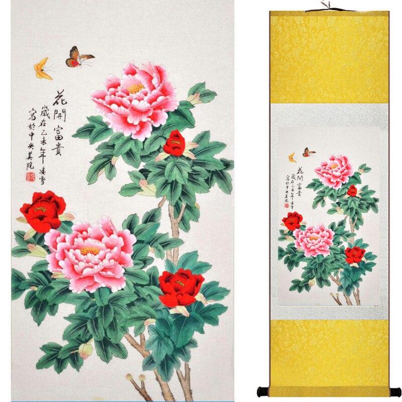 Chinese Art Scroll Painting Peony Animal Birds Ancient Silk Picture Wall Ideas 16308-Chinese Style Finds™