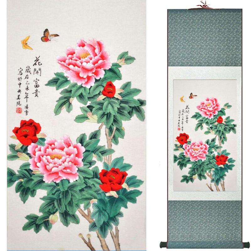 Chinese Art Scroll Painting Peony Animal Birds Ancient Silk Picture Wall Ideas 16308-Chinese Style Finds™