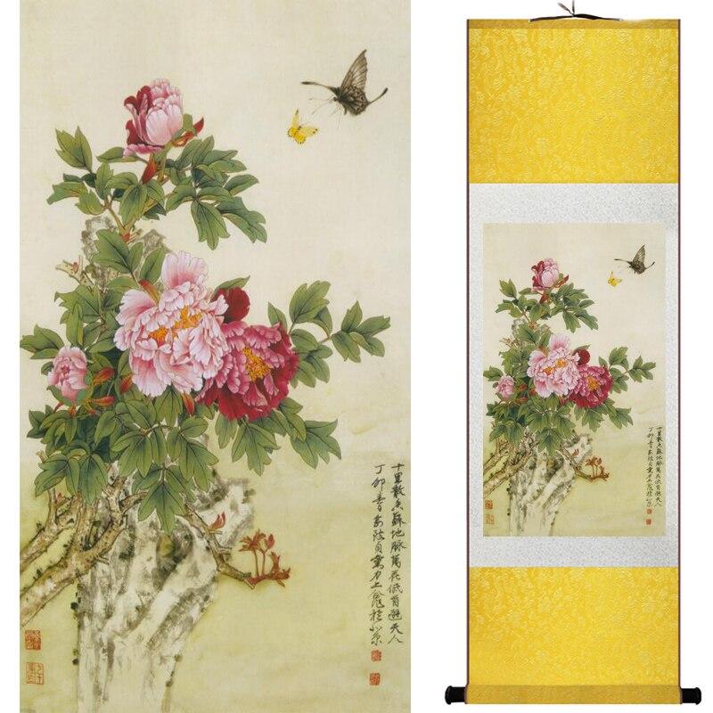 Chinese Art Scroll Painting Peony Animal Birds Ancient Silk Picture Wall Ideas 16874-Chinese Style Finds™