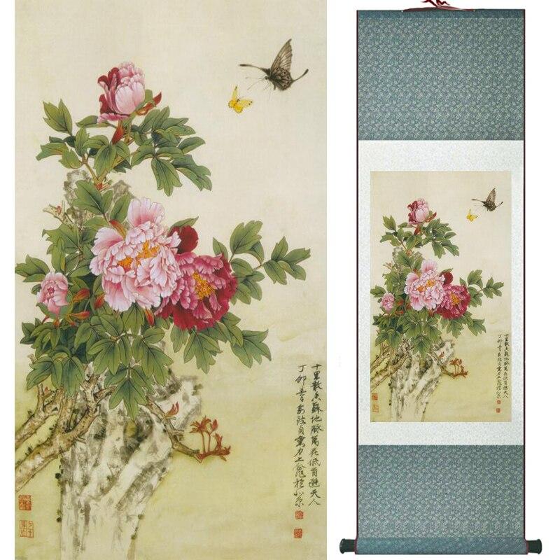 Chinese Art Scroll Painting Peony Animal Birds Ancient Silk Picture Wall Ideas 16874-Chinese Style Finds™