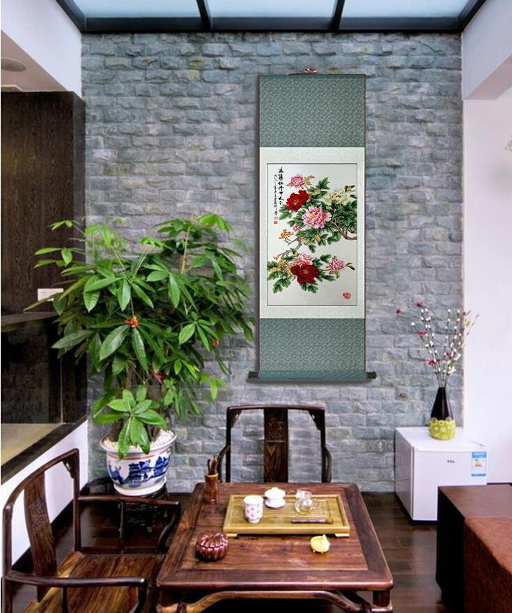 Chinese Art Scroll Painting Peony Flower Ancient Silk Picture Wall Ideas 10258-Chinese Style Finds™