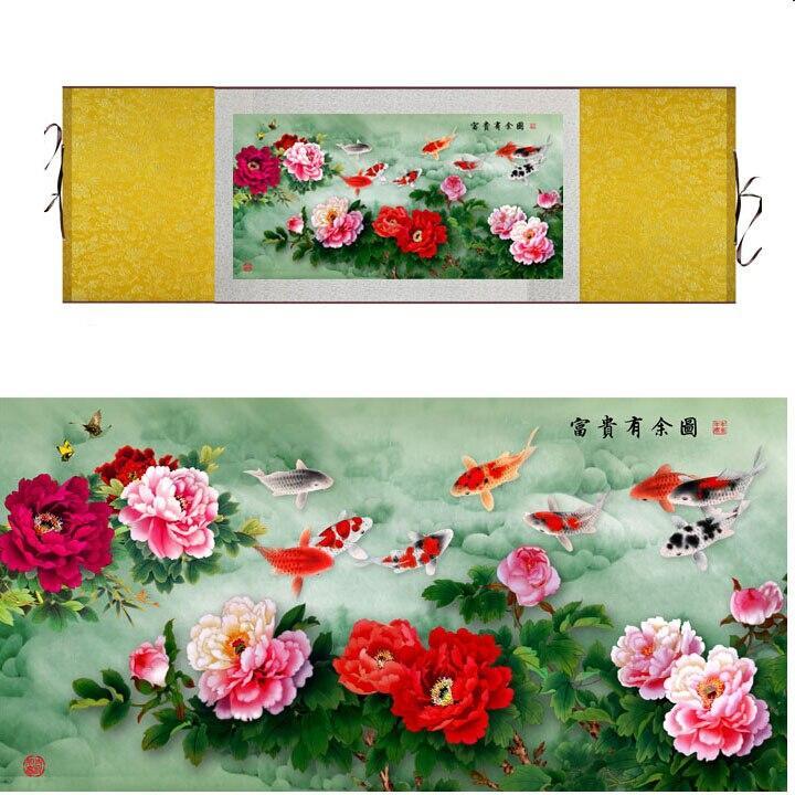 Chinese Art Scroll Painting Peony Flower Ancient Silk Picture Wall Ideas 11682-Chinese Style Finds™